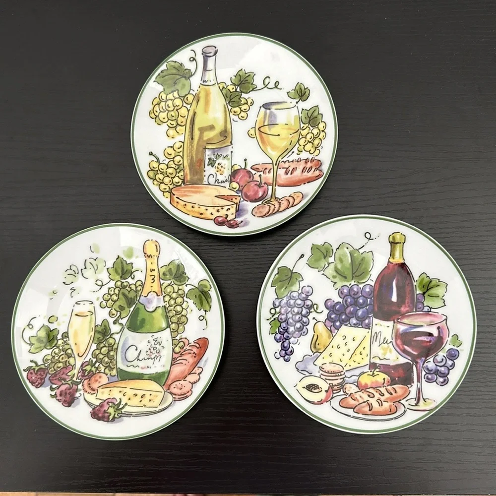 3 Porcelain Vintage Appetizer Wine Plates